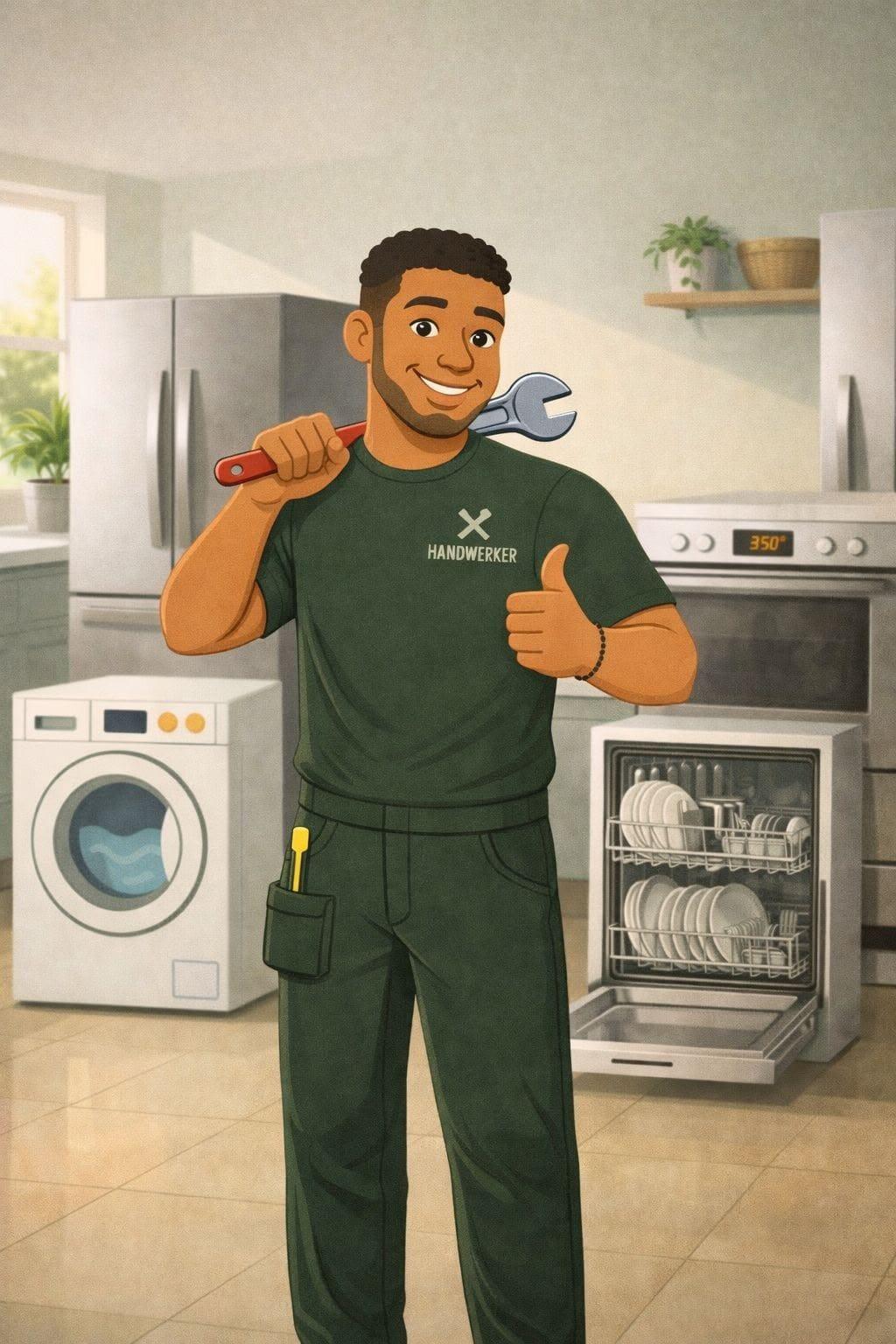 Illustration: Servicetechniker mit Schraubenschlüssel vor Waschmaschine, Spülmaschine, Kühlschrank und Backofen